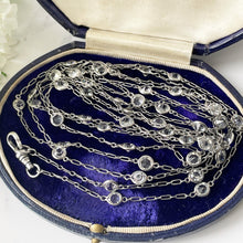 Load image into Gallery viewer, Victorian Silver &amp; Crystal 60&quot; Long Guard Muff Chain. Antique Sterling Silver Paperclip Link Chain. Edwardian White Crystal Sautoir Necklace
