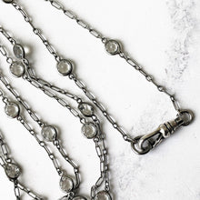 Load image into Gallery viewer, Victorian Silver &amp; Crystal 60&quot; Long Guard Muff Chain. Antique Sterling Silver Paperclip Link Chain. Edwardian White Crystal Sautoir Necklace
