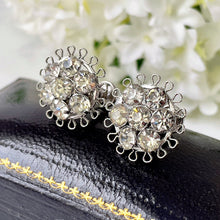 Load image into Gallery viewer, Vintage Sterling Silver Clear Crystal Daisy Earrings. 1940s Screw Back Silver Filigree Earrings. Antique Paste Diamanté Cluster Earrings
