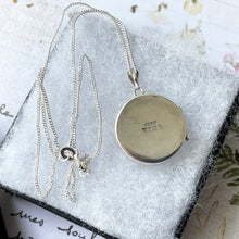 Load image into Gallery viewer, Vintage English Silver Locket Necklace. 1970s Floral Engraved Round Photo Locket &amp; Curb Chain. Victorian Revival Sterling Silver Locket
