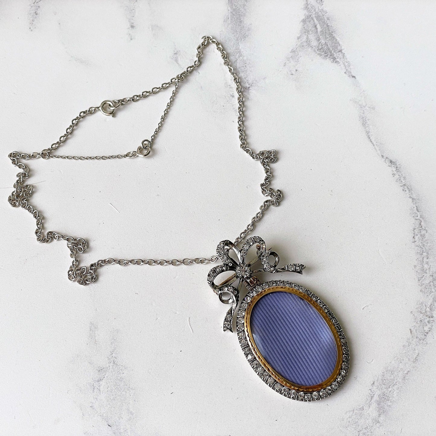 Antique Silver & 9ct Gold French Paste Sévigné Bow Locket. Superb Edwardian Hand-Cut Paste Diamond Pendant Necklace With Sevigne Brooch Top