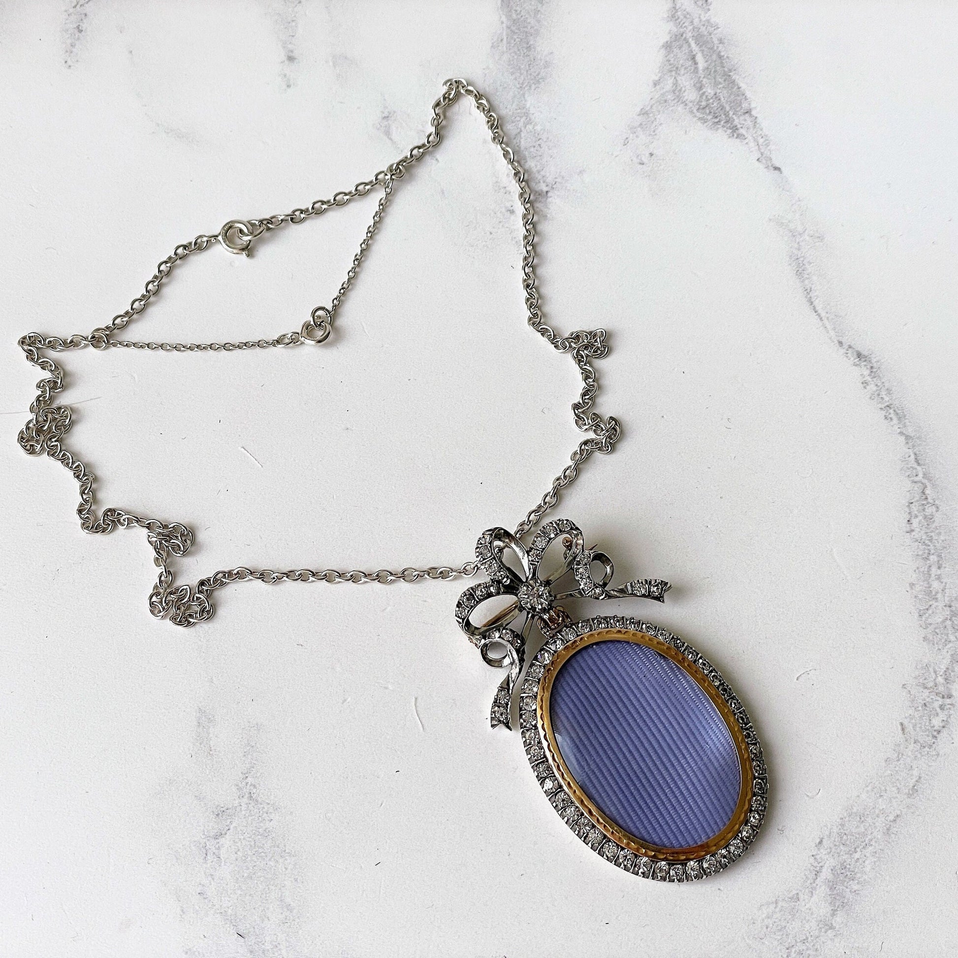 Antique Silver & 9ct Gold French Paste Sévigné Bow Locket. Superb Edwardian Hand-Cut Paste Diamond Pendant Necklace With Sevigne Brooch Top