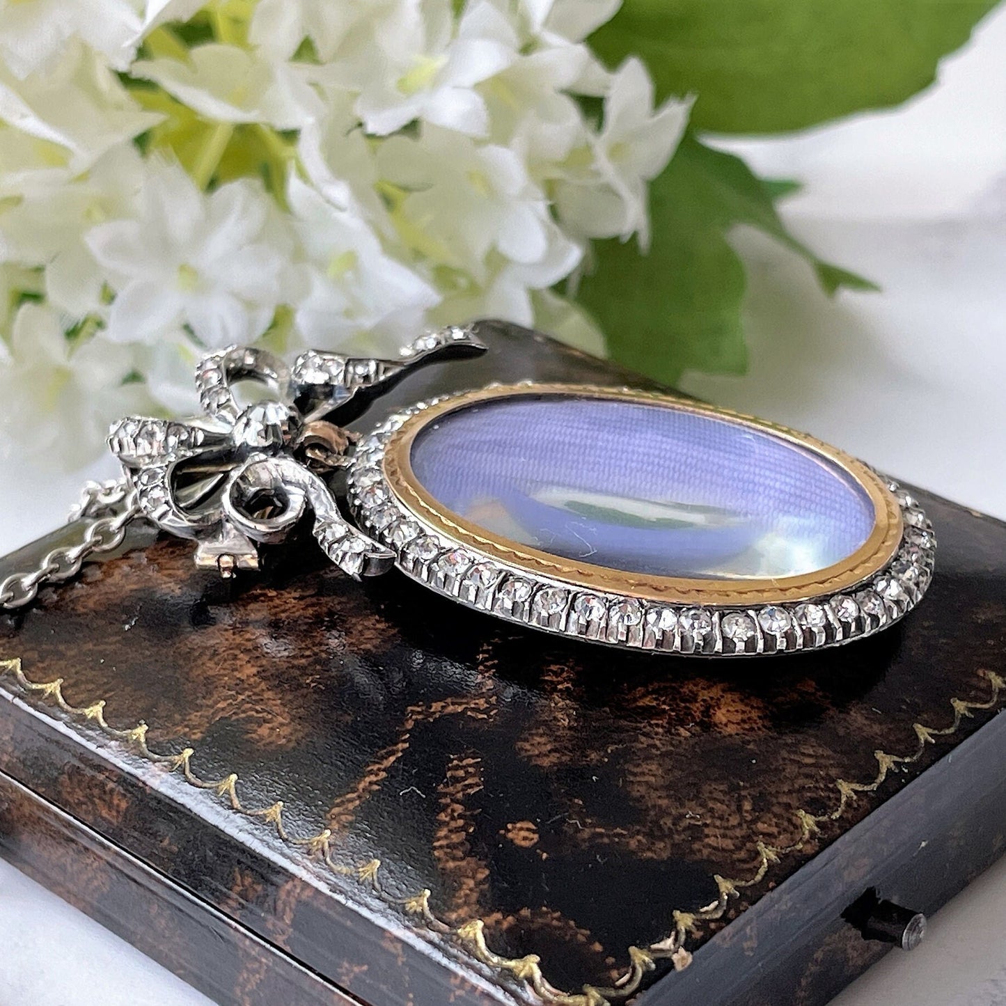 Antique Silver & 9ct Gold French Paste Sévigné Bow Locket. Superb Edwardian Hand-Cut Paste Diamond Pendant Necklace With Sevigne Brooch Top