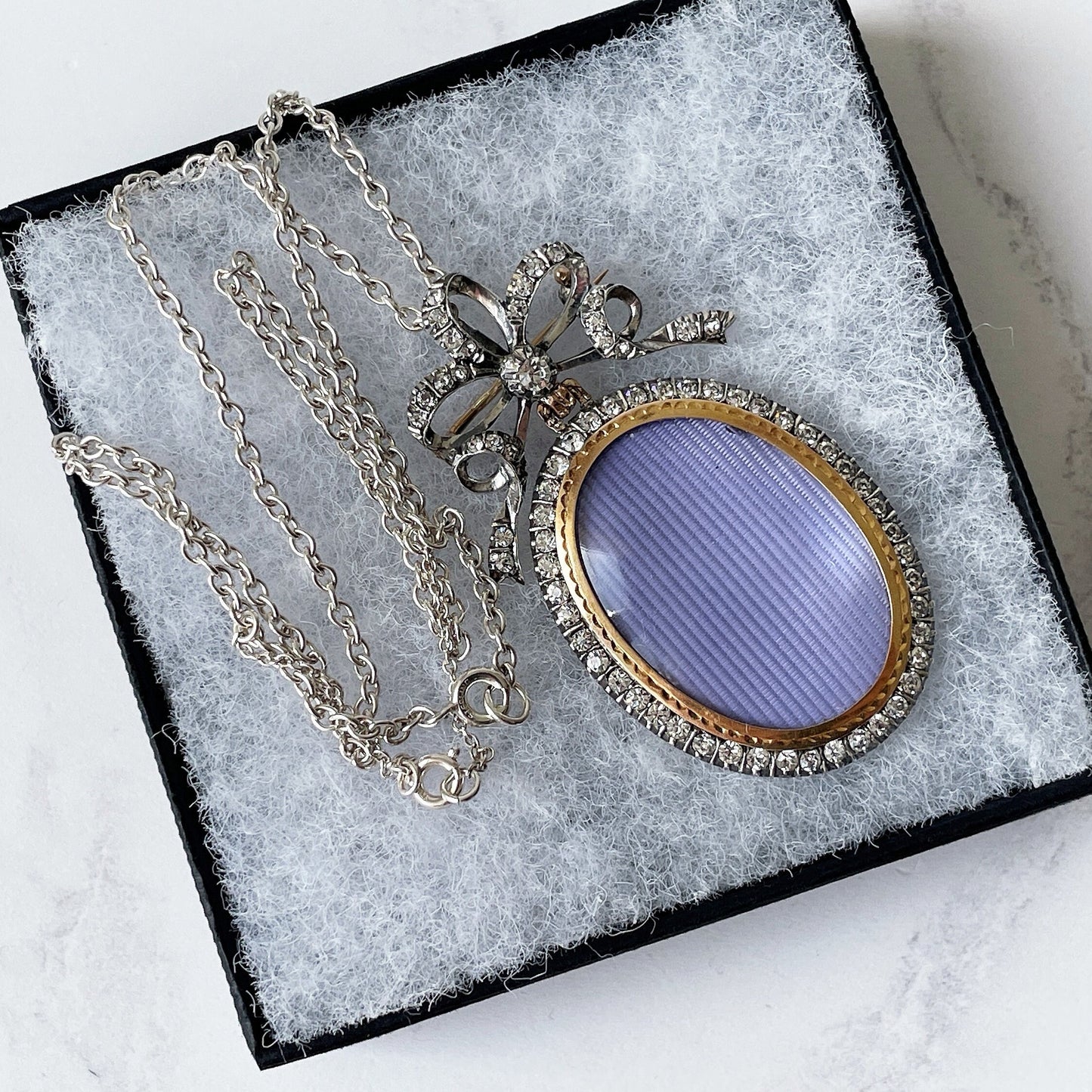 Antique Silver & 9ct Gold French Paste Sévigné Bow Locket. Superb Edwardian Hand-Cut Paste Diamond Pendant Necklace With Sevigne Brooch Top