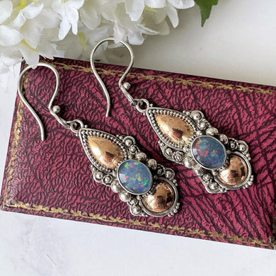 Vintage Victorian Style Silver & 22ct Gold Opal Earrings. Etruscan Revival Large Pendant Drop Earrings. Deep Blue Black Opal Hook Earrings