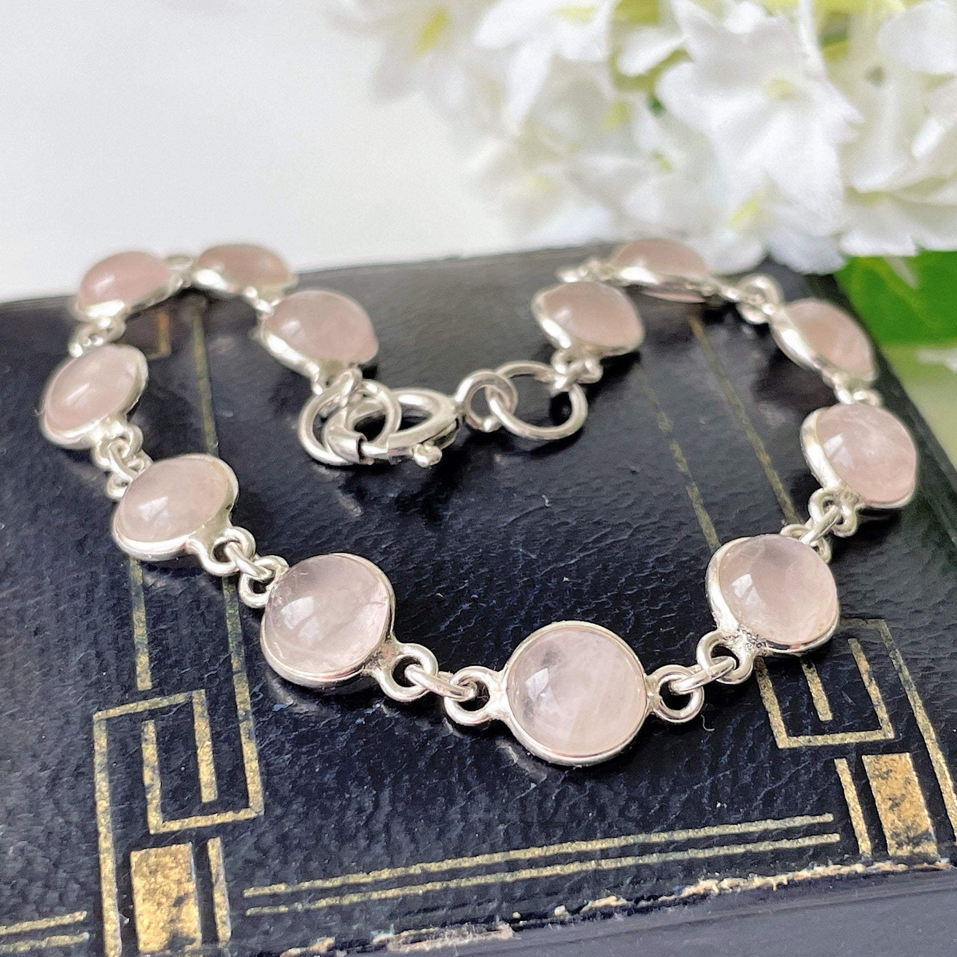 Vintage Sterling Silver & Rose Quartz Bracelet. Bezel Set Pink Gemstone Chain Bracelet. Love Token Amulet. Healing Crystal Bracelet.