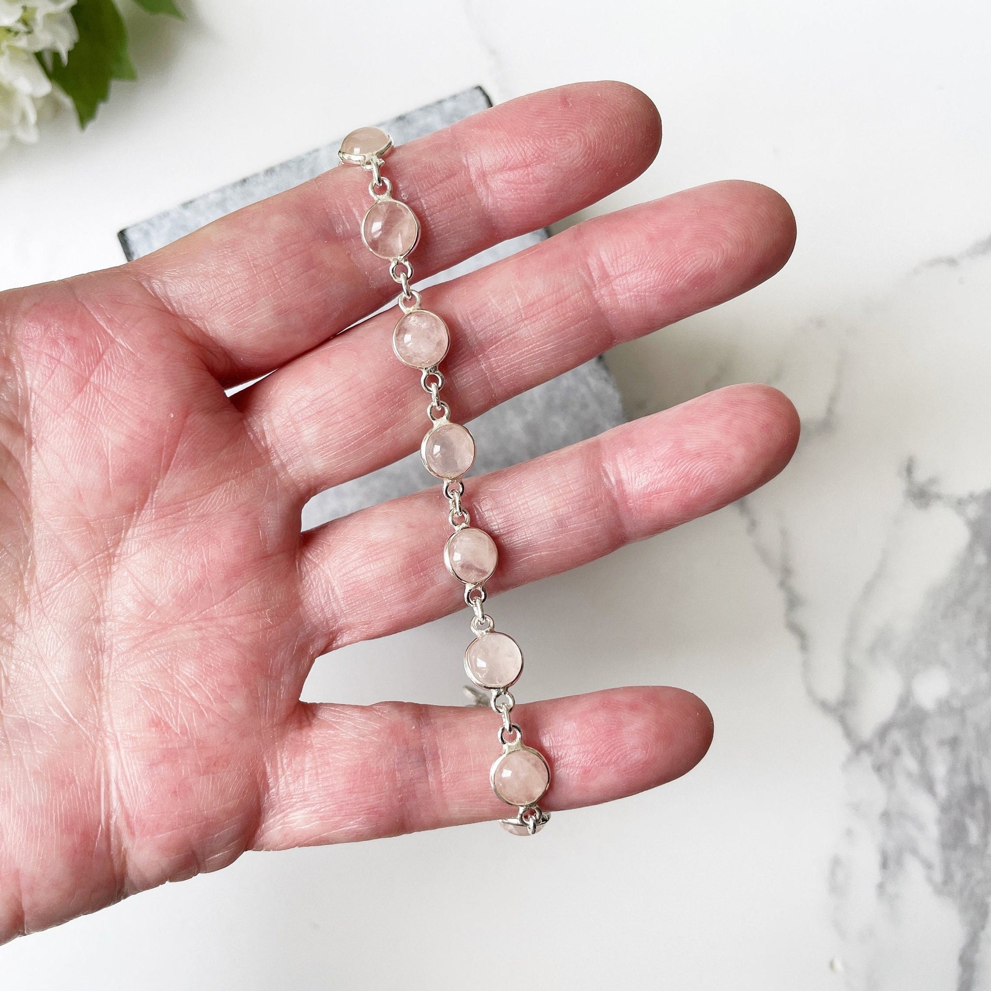 Vintage Sterling Silver & Rose Quartz Bracelet. Bezel Set Pink Gemstone Chain Bracelet. Love Token Amulet. Healing Crystal Bracelet.