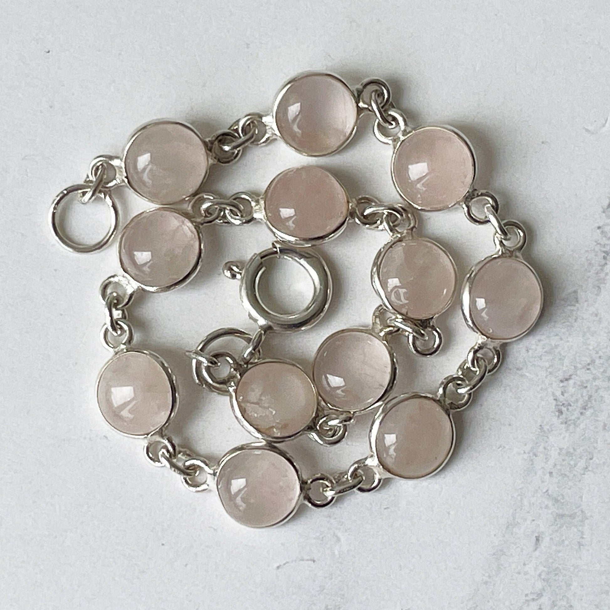 Vintage Sterling Silver & Rose Quartz Bracelet. Bezel Set Pink Gemstone Chain Bracelet. Love Token Amulet. Healing Crystal Bracelet.