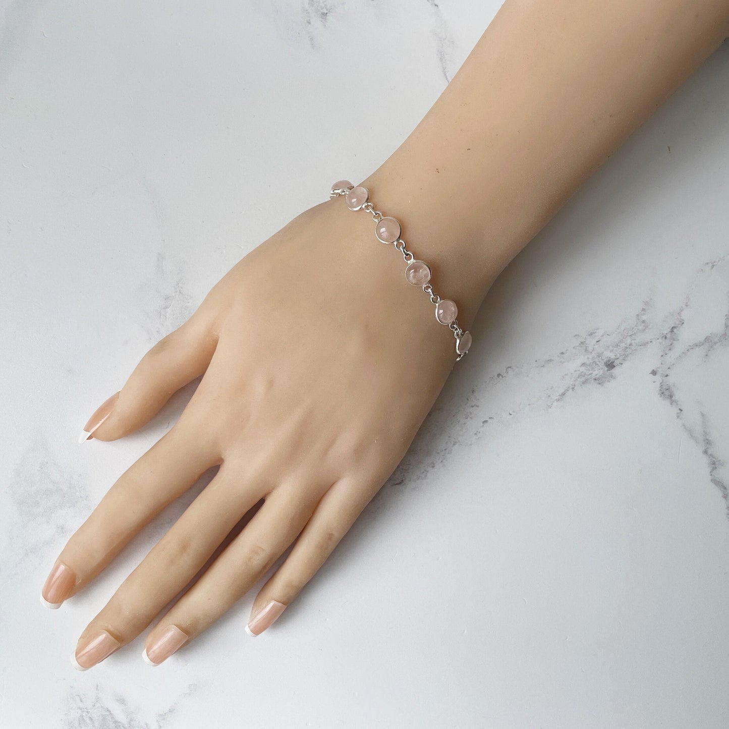 Vintage Sterling Silver & Rose Quartz Bracelet. Bezel Set Pink Gemstone Chain Bracelet. Love Token Amulet. Healing Crystal Bracelet.