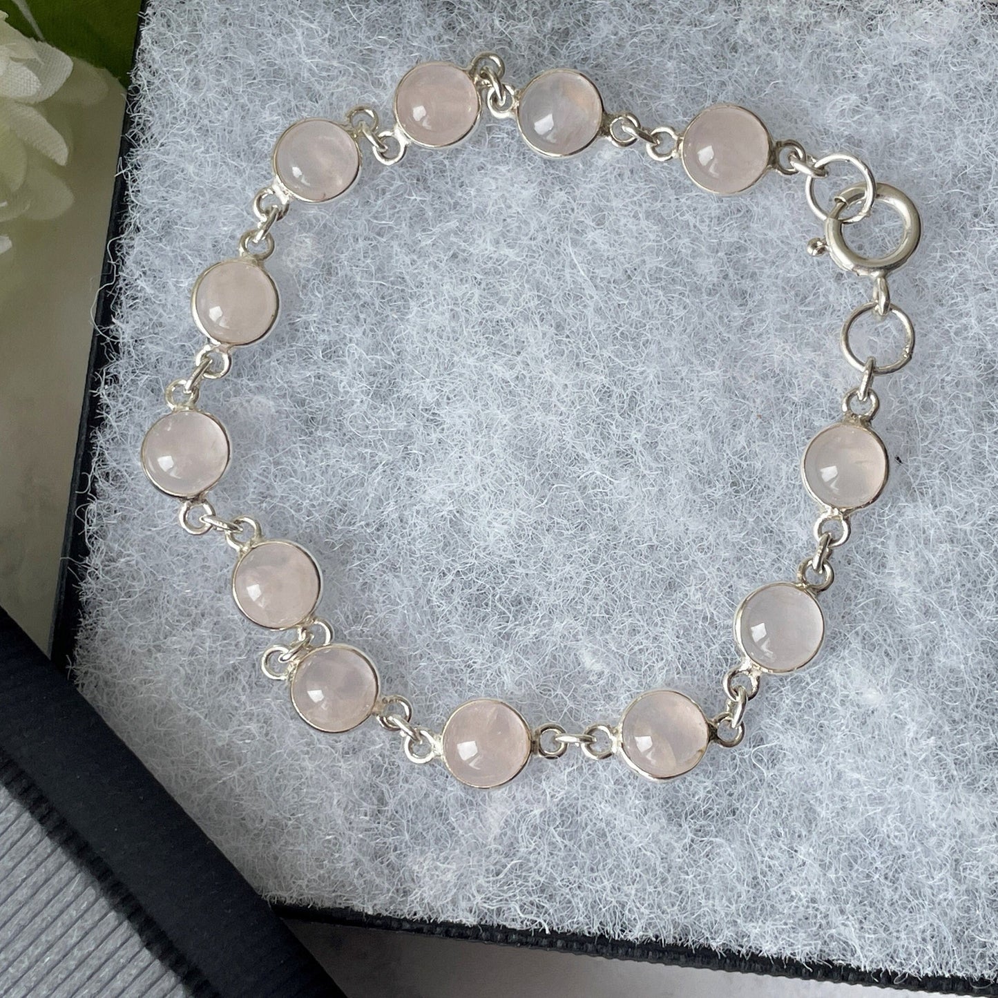 Vintage Sterling Silver & Rose Quartz Bracelet. Bezel Set Pink Gemstone Chain Bracelet. Love Token Amulet. Healing Crystal Bracelet.