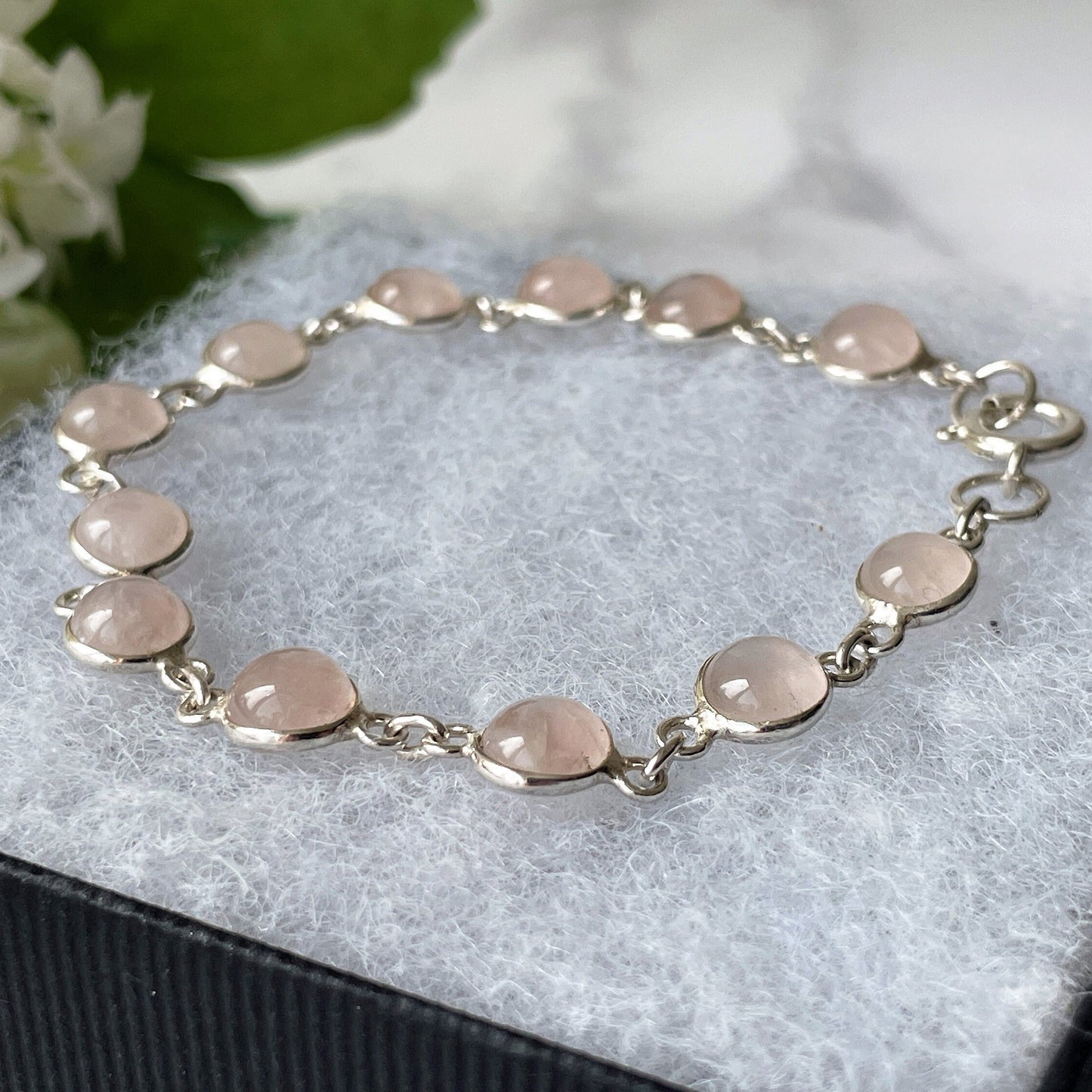 Vintage Sterling Silver & Rose Quartz Bracelet. Bezel Set Pink Gemstone Chain Bracelet. Love Token Amulet. Healing Crystal Bracelet.