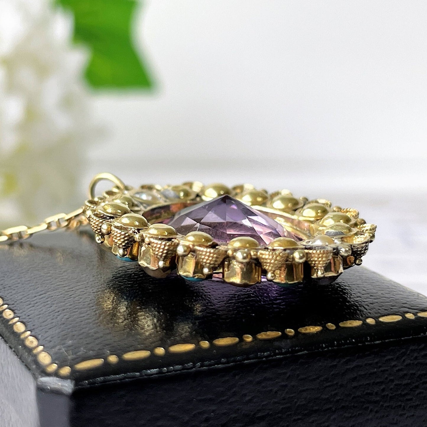 Georgian 18ct Gold Cannetille Amethyst Pendant. Antique c1820 Oval 7ct Amethyst, Pearl & Turquoise Cluster/Halo Necklace Pendant