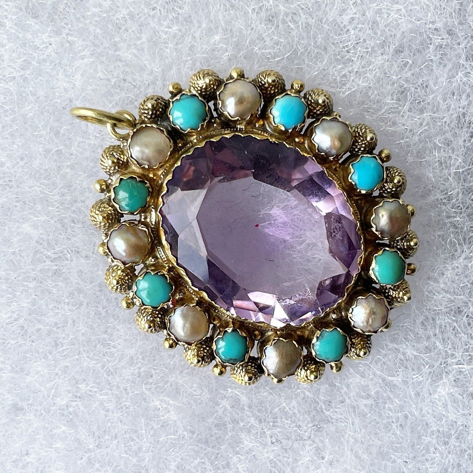 Georgian 18ct Gold Cannetille Amethyst Pendant. Antique c1820 Oval 7ct Amethyst, Pearl & Turquoise Cluster/Halo Necklace Pendant