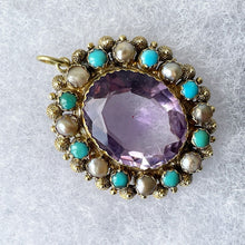 Lade das Bild in den Galerie-Viewer, Georgian 18ct Gold Cannetille Amethyst Pendant. Antique c1820 Oval 7ct Amethyst, Pearl &amp; Turquoise Cluster/Halo Necklace Pendant

