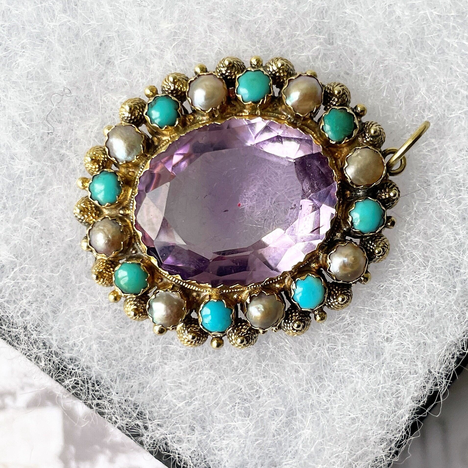 Georgian 18ct Gold Cannetille Amethyst Pendant. Antique c1820 Oval 7ct Amethyst, Pearl & Turquoise Cluster/Halo Necklace Pendant