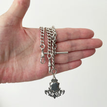 Load image into Gallery viewer, Antique Victorian Silver Double Albert Chain With Anchor Fob. Sterling Silver Heavy Curb Chain Necklace, 2 Swivel Clips, T-Bar &amp; Pendant.

