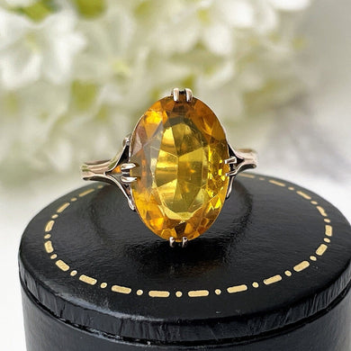 Antique 9ct Gold Art Deco Paste Citrine Ring. Golden Yellow Oval Faceted Antique Solitaire Paste Ring. 1930s Gold Ring Size M UK/6-1/4 US
