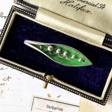 Load image into Gallery viewer, Antique English Silver &amp; Enamel Lily of the Valley Brooch. Edwardian/Art Deco Figural Lapel/Cravat/Stock Pin. Antique Silver Novelty Brooch
