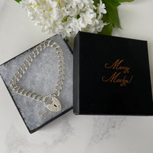 Cargar imagen en el visor de la galería, Vintage English Silver Double Curb Chain Bracelet, Love Heart Padlock. Victorian Style Sterling Silver Sweetheart Bracelet, 1962 Hallmarks
