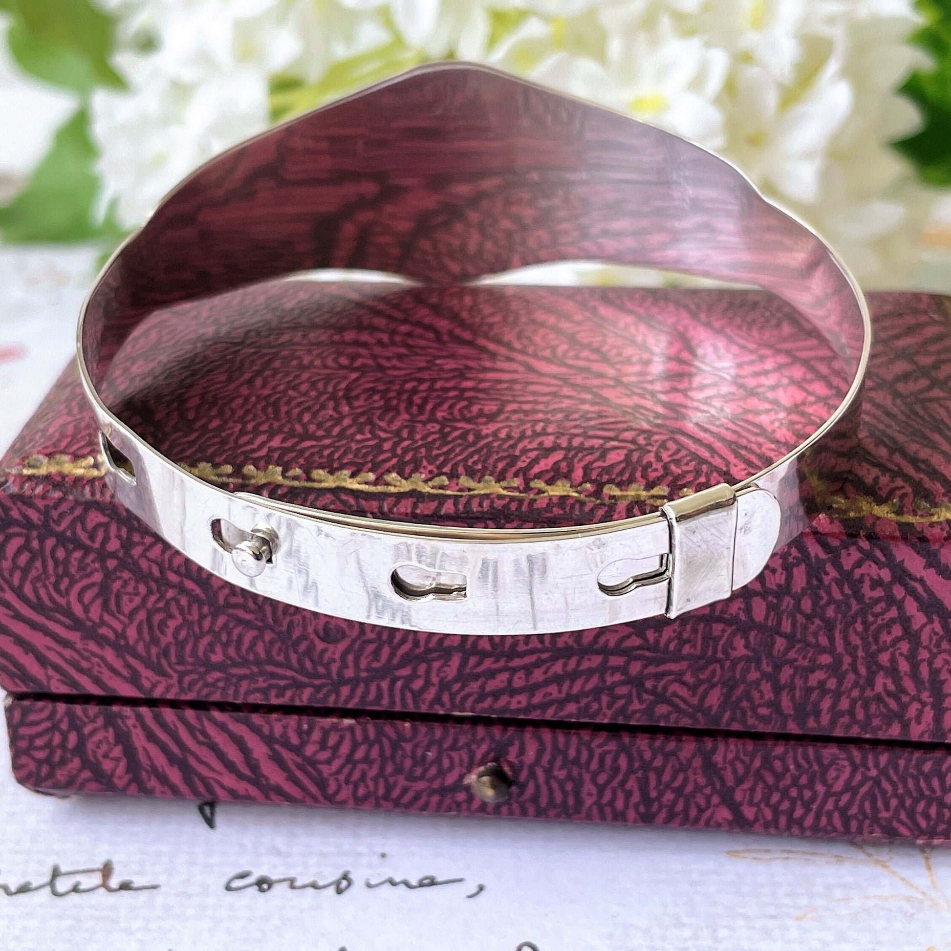 Vintage Art Deco Floral Engraved Sterling Silver Bracelet. English Silver Adjustable Bangle, Chester 1946. Edwardian Revival Bangle Bracelet