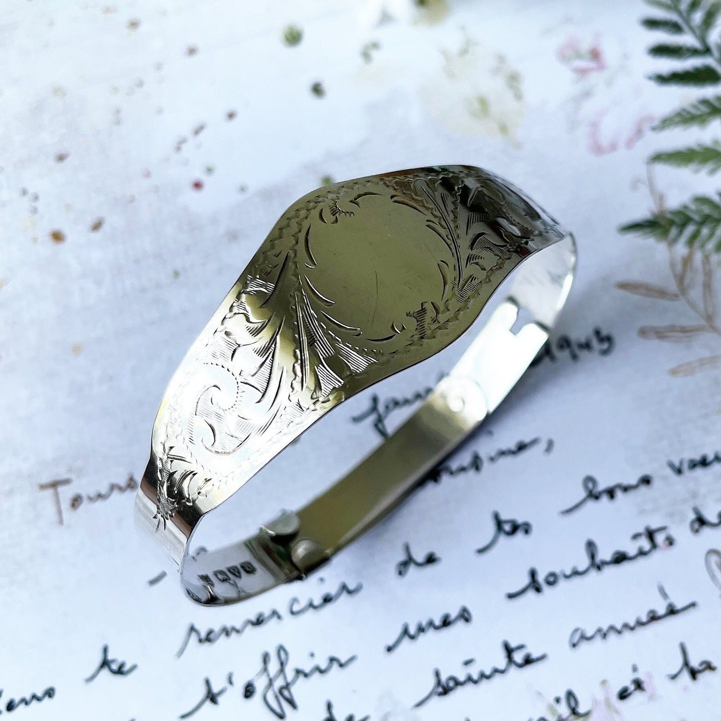 Vintage Art Deco Floral Engraved Sterling Silver Bracelet. English Silver Adjustable Bangle, Chester 1946. Edwardian Revival Bangle Bracelet