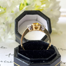 Charger l&#39;image dans la galerie, Vintage 18ct Gold Yellow Heart Cut Sapphire &amp; Diamond Ring. 3-Stone 1.5ct Golden Sapphire Engagement Ring. Trilogy Ring, Size UK/O, US/7-1/4
