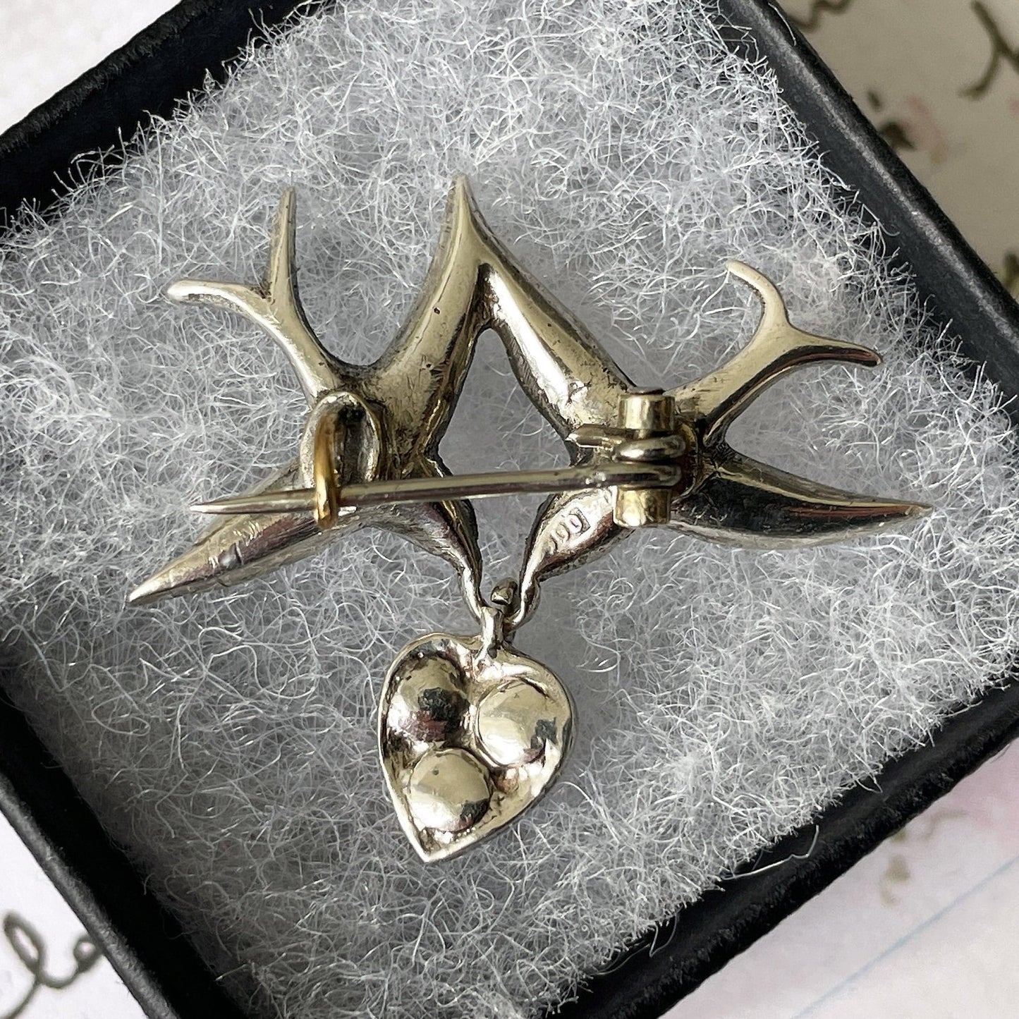 Antique Silver French Paste Diamond Saint Esprit Brooch. Victorian 2 Doves & Heart Sweetheart Brooch. Alternative Stock, Cravat, Tie Pin
