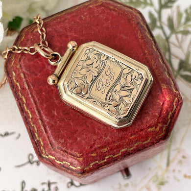 Victorian 9ct Gold Rectangular Locket. Antique 2-Sided Aesthetic Engraved Forget-Me-Not & Ivy Photo Locket. Victorian Yellow Gold Locket