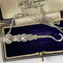 Cargar imagen en el visor de la galería, Antique English Silver Miniature Button Hook Pendant &amp; Chain. Victorian Baroque Sterling Silver Chatelaine Pendant, British Hallmarks 1874
