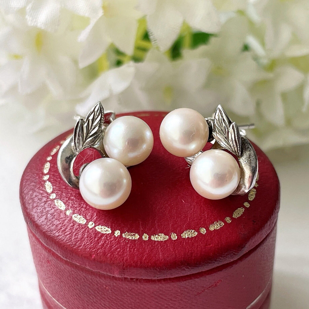 Vintage Mikimoto Sterling Silver Akoya Pearl Earrings. Twin Pearl & Leaf Earrings For Pierced Ears. 6mm Saltwater Cultured Pearl Earrings