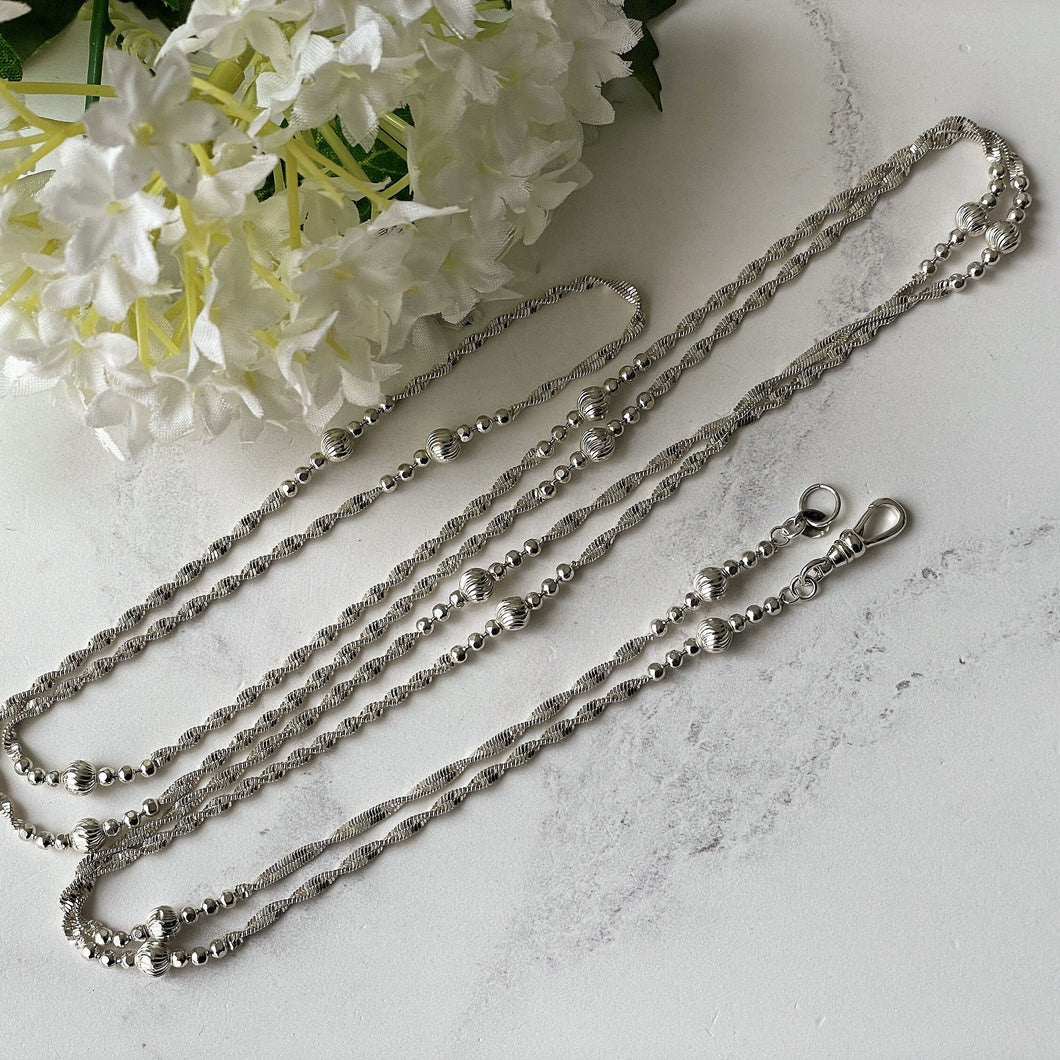 Vintage Sterling Silver Fancy Link Long Chain With Swivel Clip. Silver Guard Chain. Bead Chain Sautoir Necklace. 48