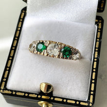 画像をギャラリービューアに読み込む, Vintage 9ct Gold Emerald &amp; White Zircon 5 Stone Ring. Edwardian Revival Antique Style Boat Ring. 1960s Half Hoop Cocktail Ring, O/UK, 7/US
