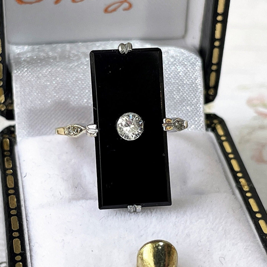 Antique Art Deco 9ct Gold White Zircon & Onyx Ring. 1920s Rectangular Black Gemstone Cocktail Ring. UK Size M-1/2, US Size 6-1/2