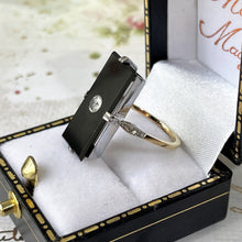 Load image into Gallery viewer, Antique Art Deco 9ct Gold White Zircon &amp; Onyx Ring. 1920s Rectangular Black Gemstone Cocktail Ring. UK Size M-1/2, US Size 6-1/2
