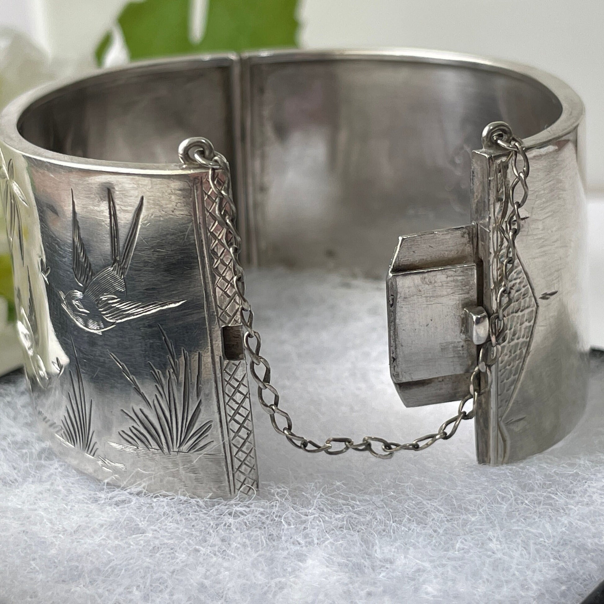 Victorian Aesthetic Engraved Silver Wide Cuff Bracelet, 1882 Hallmarks. Antique Hinged Sterling Silver Bangle, Engraved Swallows & Cranes