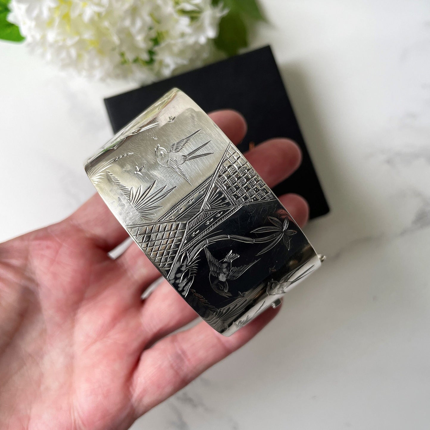 Victorian Aesthetic Engraved Silver Wide Cuff Bracelet, 1882 Hallmarks. Antique Hinged Sterling Silver Bangle, Engraved Swallows & Cranes