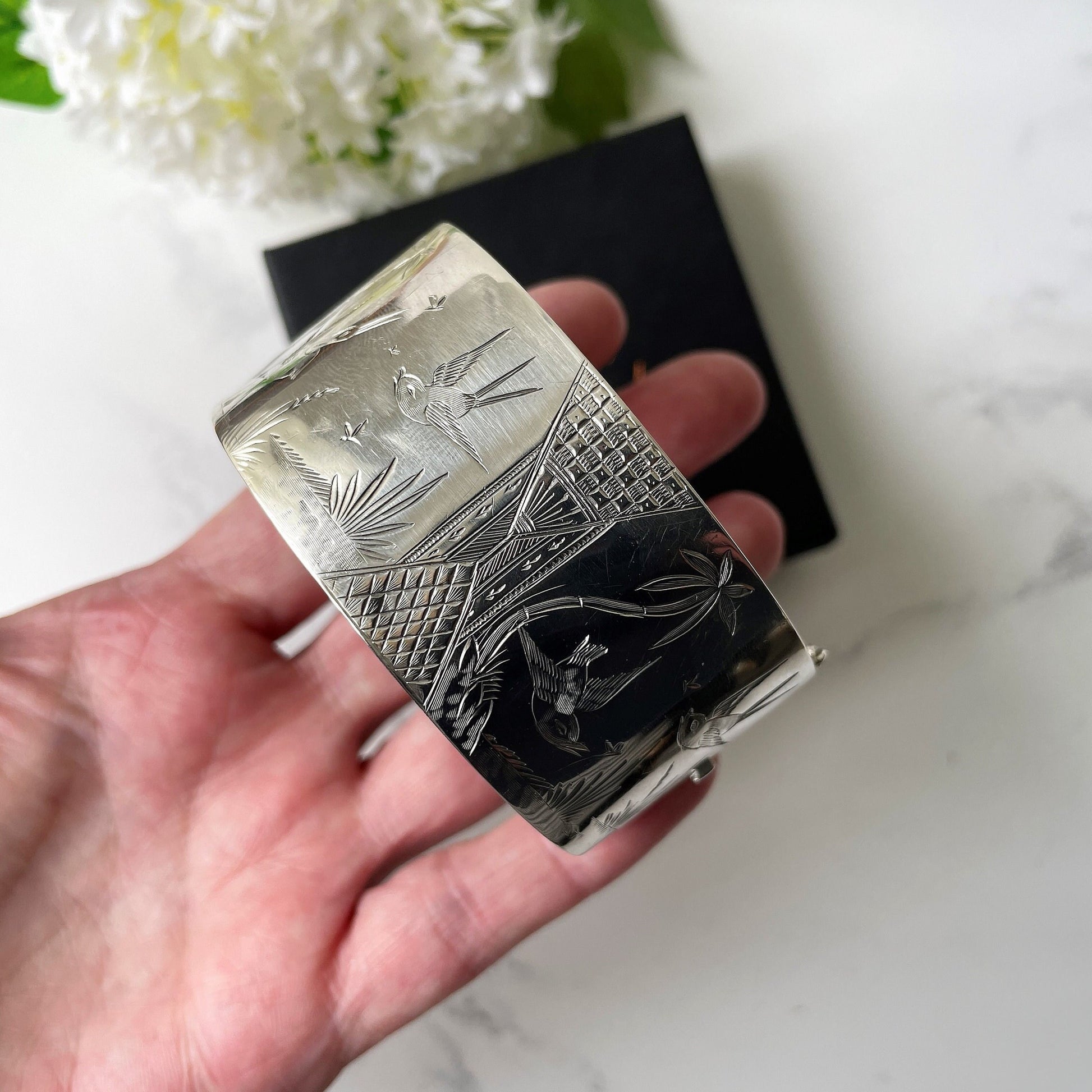 Victorian Aesthetic Engraved Silver Wide Cuff Bracelet, 1882 Hallmarks. Antique Hinged Sterling Silver Bangle, Engraved Swallows & Cranes