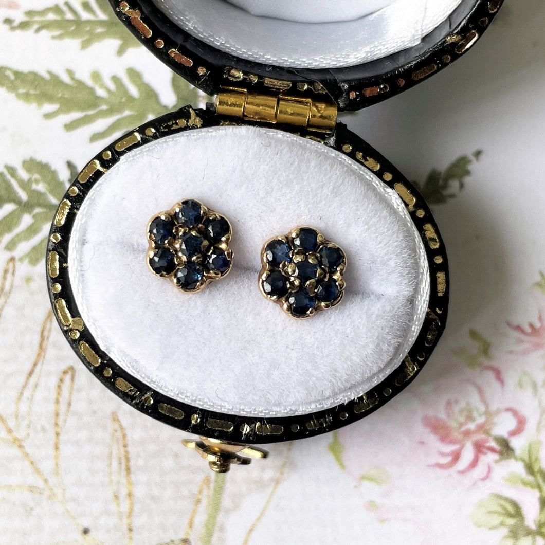 Vintage 9ct Gold Sapphire Cluster Earrings. Yellow Gold Daisy Flower Stud Earrings. Petite/Minimalist Rose Cut Blue Sapphire Earrings