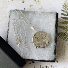 Load image into Gallery viewer, Vintage English Silver Locket Necklace. 1970s Floral Engraved Round Photo Locket &amp; Curb Chain. Victorian Revival Sterling Silver Locket
