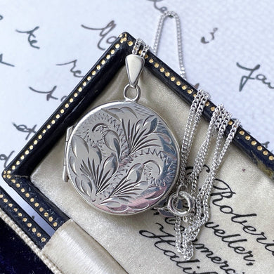 Vintage English Silver Locket Necklace. 1970s Floral Engraved Round Photo Locket & Curb Chain. Victorian Revival Sterling Silver Locket