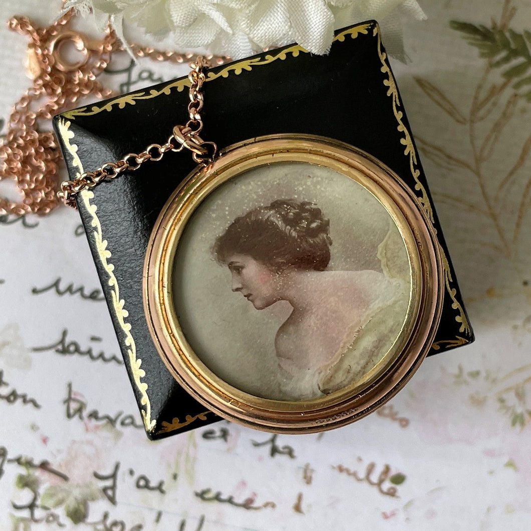Edwardian Rolled Gold Picture Pendant Locket. Antique Rose Gold 2 Portrait Locket On Chain. Edwardian Lady & Baby Hand Tinted Photo Pendant