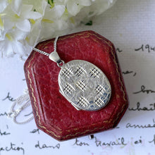 Load image into Gallery viewer, Vintage Engraved English Sterling Silver Locket &amp; Curb Chain. Medium Oval Modernist Locket, Hallmarked 1972. Photo Locket Pendant Necklace.
