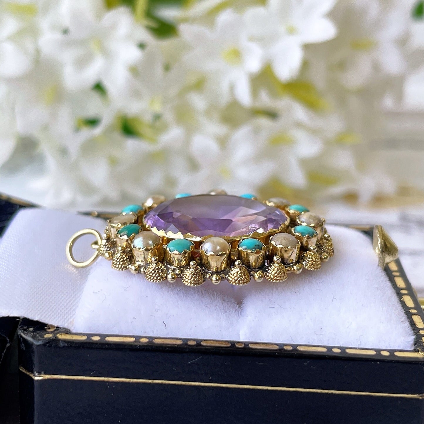 Georgian 18ct Gold Cannetille Amethyst Pendant. Antique c1820 Oval 7ct Amethyst, Pearl & Turquoise Cluster/Halo Necklace Pendant