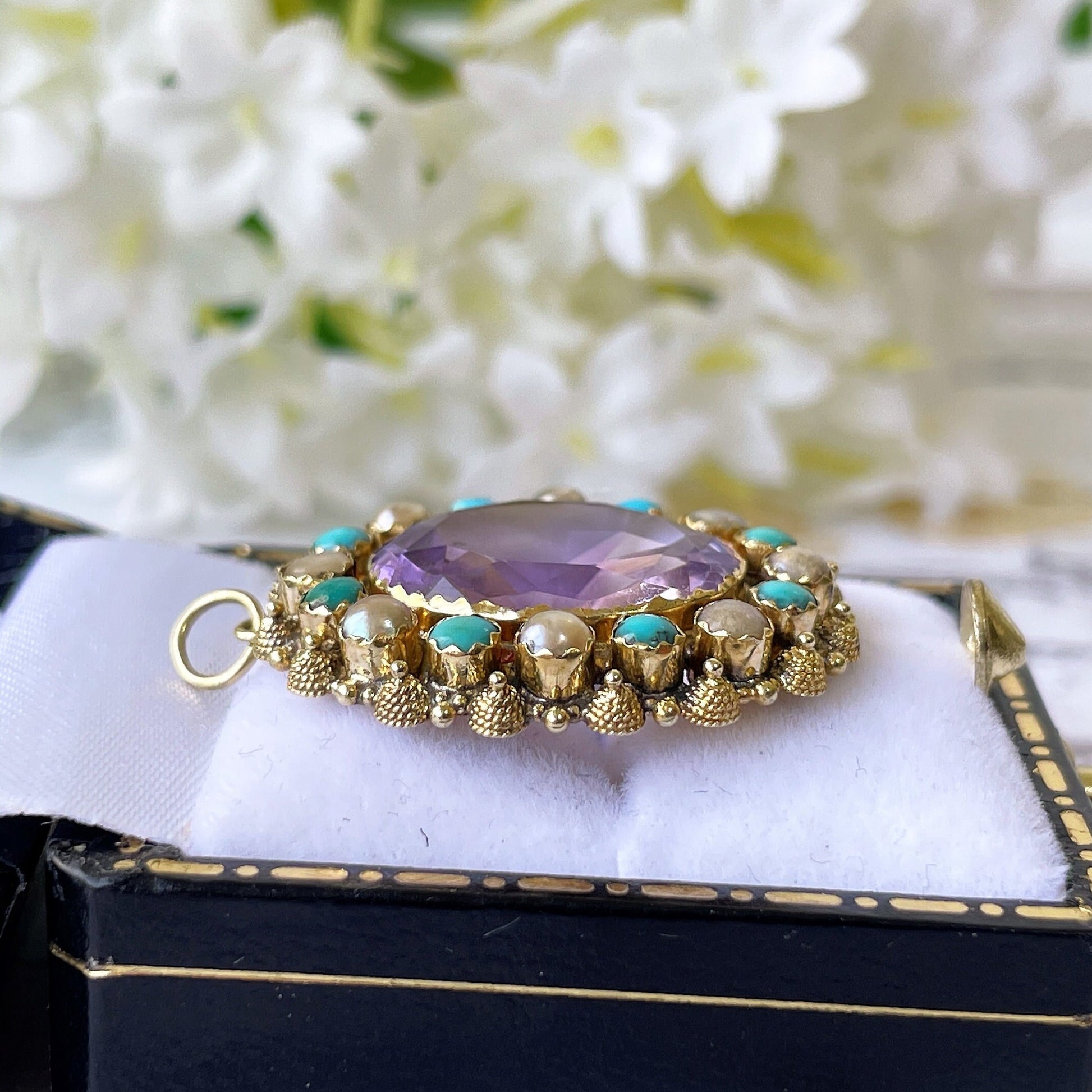 Georgian 18ct Gold Cannetille Amethyst Pendant. Antique c1820 Oval 7ct Amethyst, Pearl & Turquoise Cluster/Halo Necklace Pendant