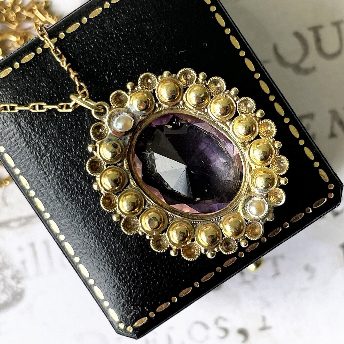 Georgian 18ct Gold Cannetille Amethyst Pendant. Antique c1820 Oval 7ct Amethyst, Pearl & Turquoise Cluster/Halo Necklace Pendant