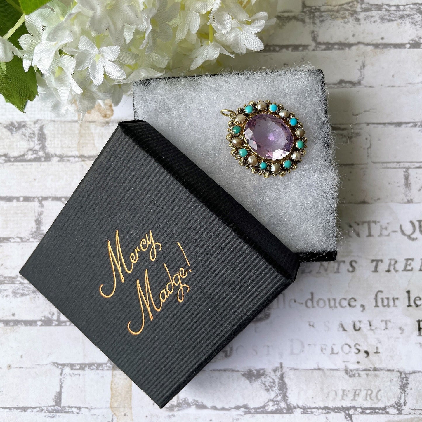 Georgian 18ct Gold Cannetille Amethyst Pendant. Antique c1820 Oval 7ct Amethyst, Pearl & Turquoise Cluster/Halo Necklace Pendant