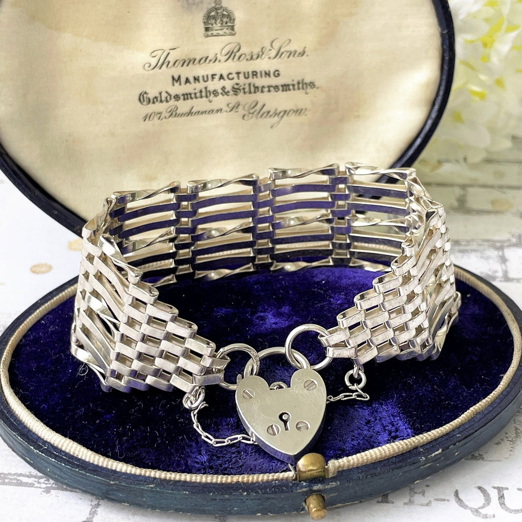 Vintage Sterling Silver Wide Gate Bracelet With Heart Padlock Clasp. Victorian Style 7-Bar Gate English Sweetheart Bracelet, London 1978