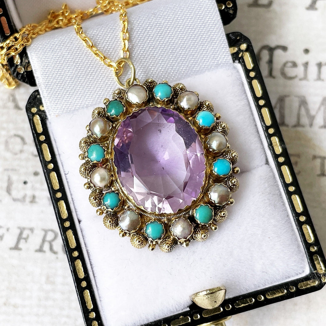 Georgian 18ct Gold Cannetille Amethyst Pendant. Antique c1820 Oval 7ct Amethyst, Pearl & Turquoise Cluster/Halo Necklace Pendant