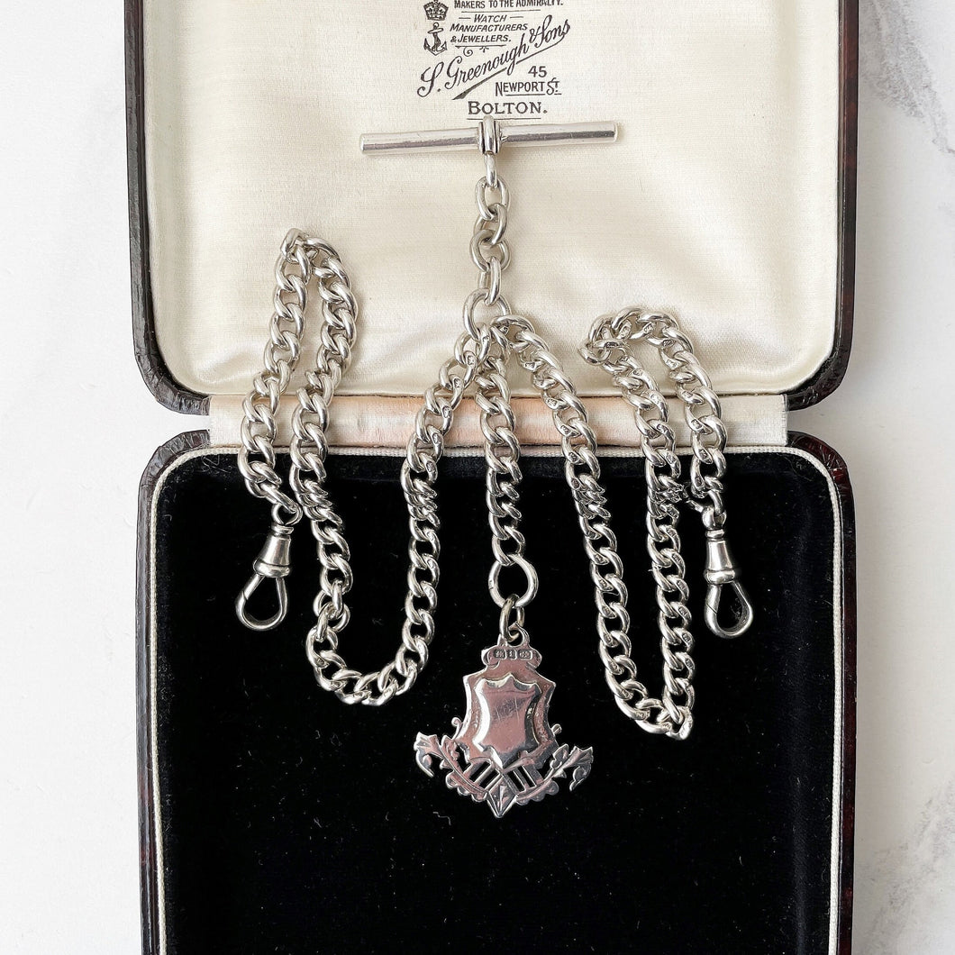Antique Victorian Silver Double Albert Chain With Anchor Fob. Sterling Silver Heavy Curb Chain Necklace, 2 Swivel Clips, T-Bar & Pendant.