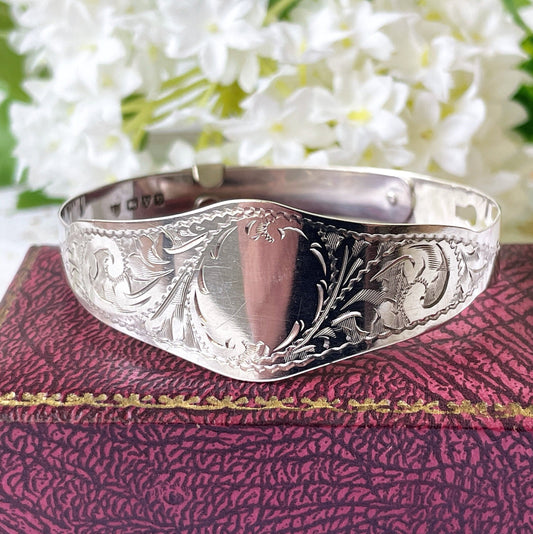Vintage Art Deco Floral Engraved Sterling Silver Bracelet. English Silver Adjustable Bangle, Chester 1946. Edwardian Revival Bangle Bracelet